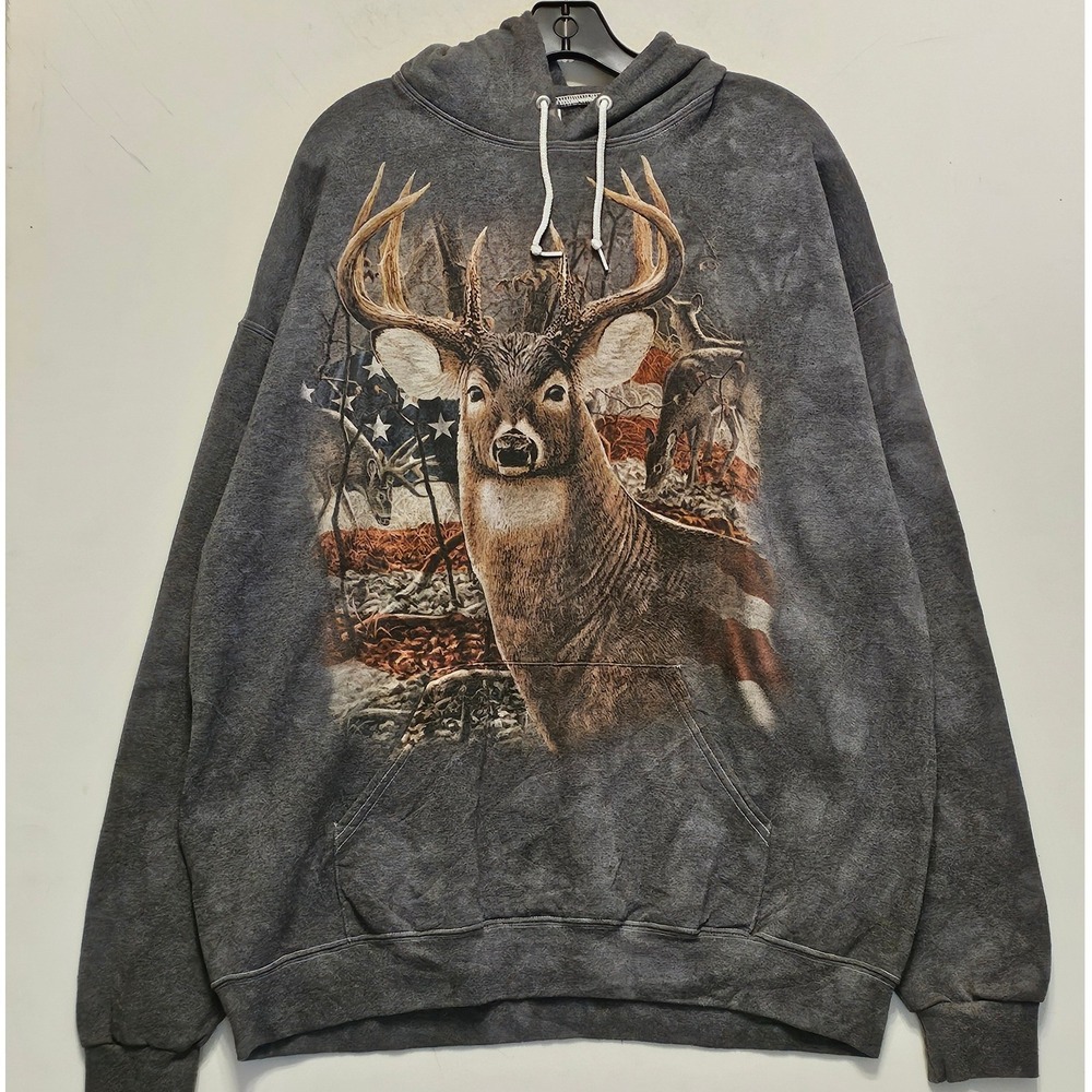 Jerzees Nublend Mens XL Deer Buck American Flag Graphic Hoodie Charcoal Gray